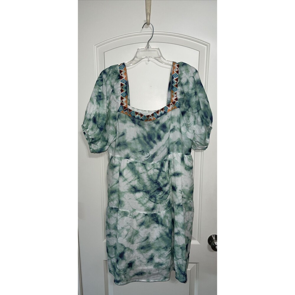 NWT JOHNNY WAS Jade Marble Puff Sleeve Midi Dress, Green/Blue/White, M MSRP $298